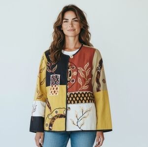 Indigo Moon Colorblock Mixed Print Embroidered Jacket Cotton Flax Blend Womens S